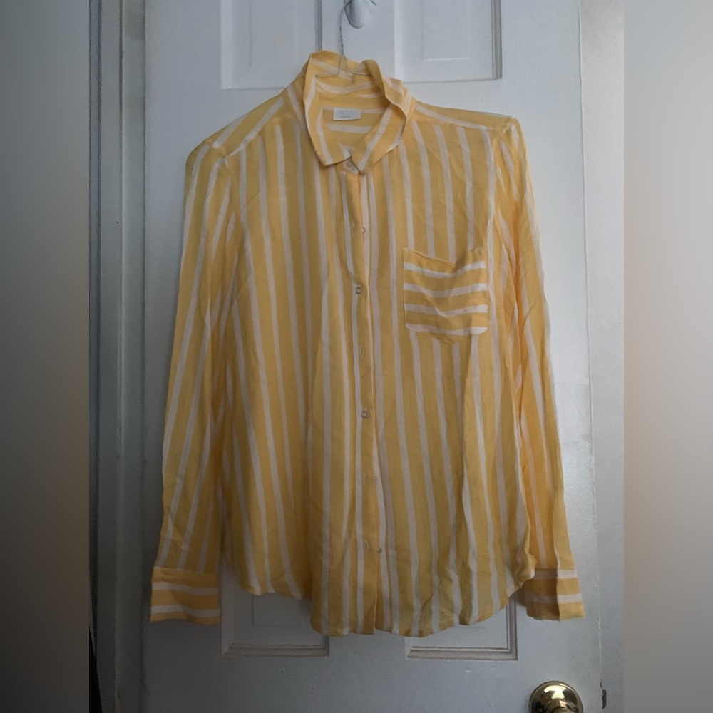 Abound Women’s Button Up Long Sleeve Top | Medium Yellow & White Summer Blouse